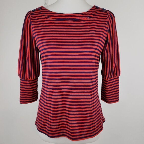Studio Petite JPR Petite Red Navy Striped 3/4 Puff Sleeve Knit Top Womens SP - Picture 1 of 5